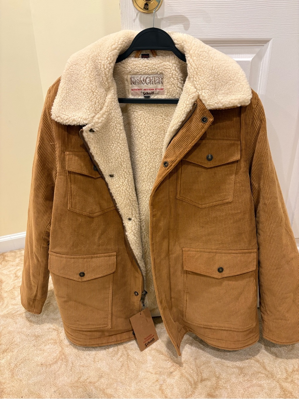 Schott NYC Tan Corduroy Rancher Jacket with Cream Sherpa Collar